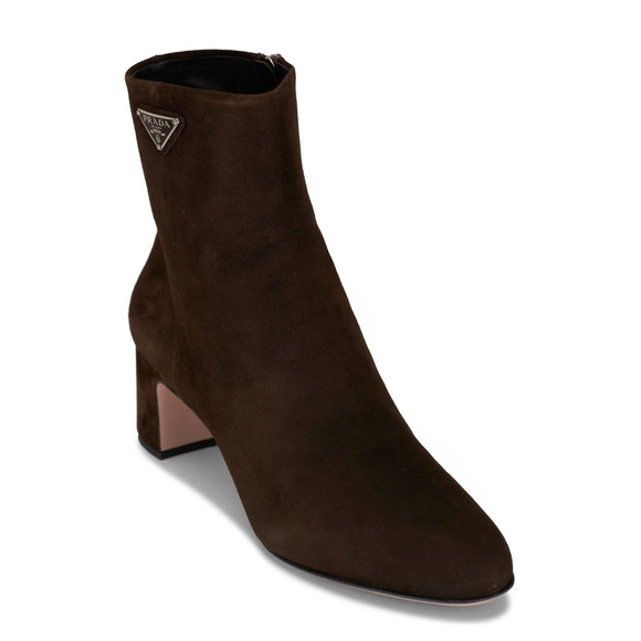 Prada 55MM Moro Chocolate Brown Suede Logo Short Ankle Block Heel Bootie 37.5 - Picture 3 of 16